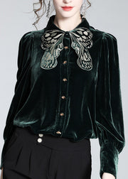 Organic Black Peter Pan Collar Embroideried Butterfly Button Velour Shirts Long Sleeve