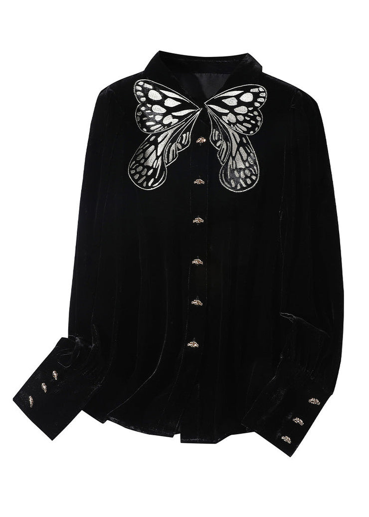 Organic Black Peter Pan Collar Embroideried Butterfly Button Velour Shirts Long Sleeve