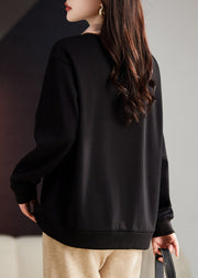 Organic Black Peter Pan Collar Embroidered Warm Fleece Top Fall