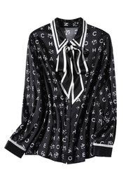 Organic Black Peter Pan Collar Print Bow Button Silk Shirts Spring