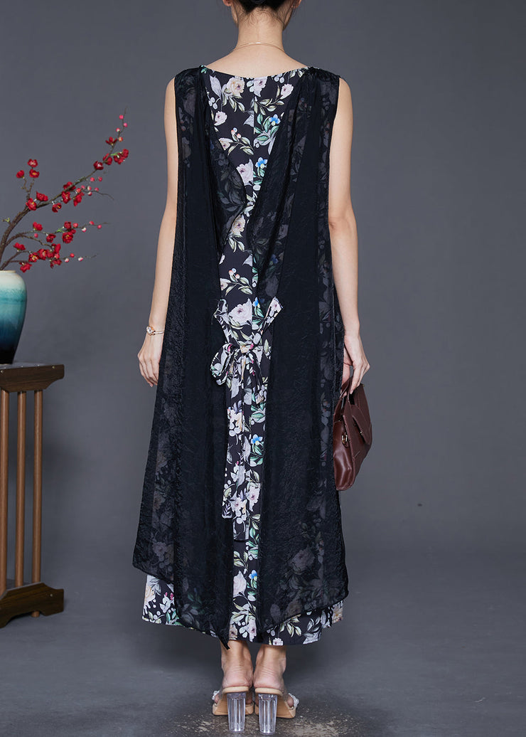 Organic Black Print Patchwork Cotton Maxi Dresses Sleeveless