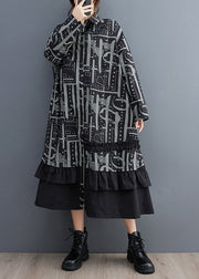 Organic Black Ruffled Print Cotton Long Dress Fall