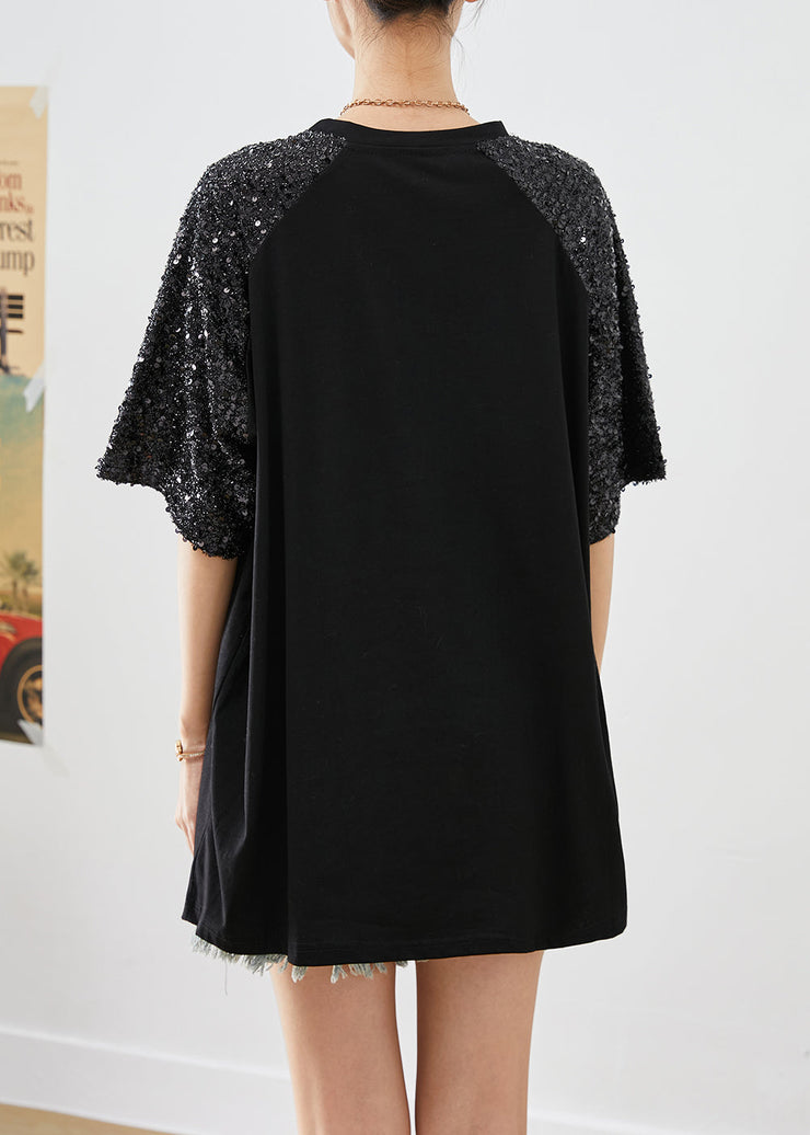 Organic Black Sequins Patchwork Cotton Tanks Tops Summer