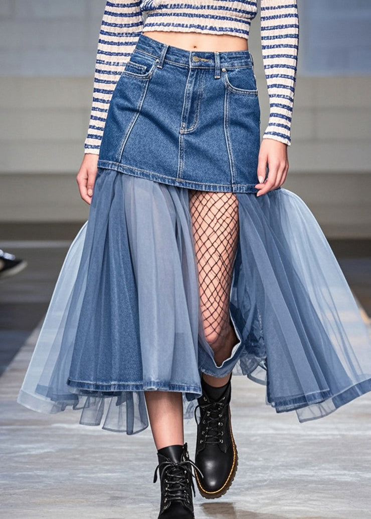 Organic Blue Asymmetrical Patchwork Tulle Denim Skirts Summer