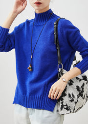 Organic Blue High Neck Side Open Knit Sweater Spring