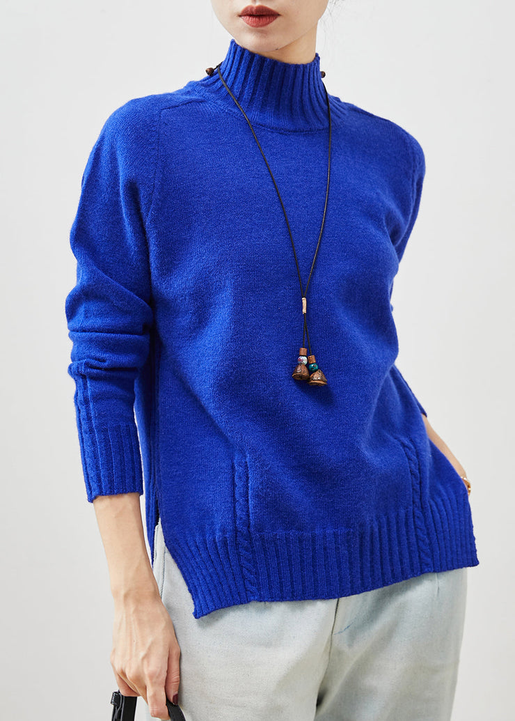 Organic Blue High Neck Side Open Knit Sweater Spring