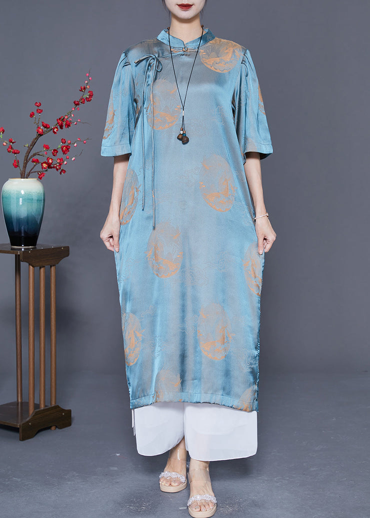 Organic Blue Mandarin Collar Print Lace Up Silk Long Dresses Summer