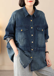 Organic Blue Oversized Patchwork Pockets Cotton Denim Coats Spring