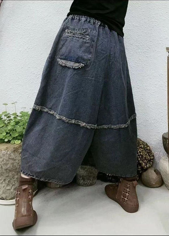 Organic Blue Pockets Patchwork Linen Wide Leg Pants Spring