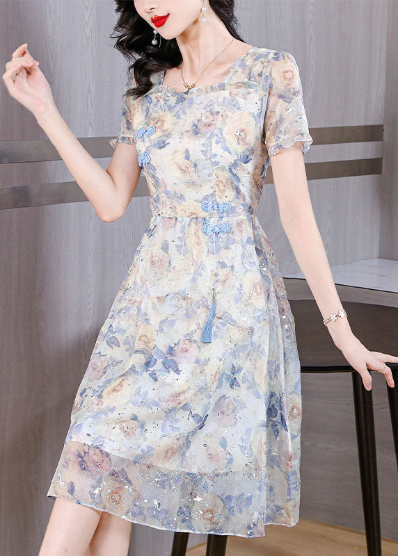 Organic Blue Ruffled Print Chiffon Dresses Summer