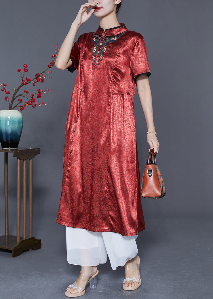 Organic Brick Red Mandarin Collar Embroideried Silk Vacation Dresses Summer