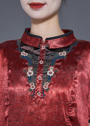 Organic Brick Red Mandarin Collar Embroideried Silk Vacation Dresses Summer