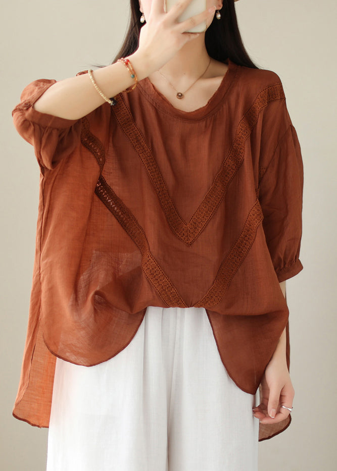 Organic Brick Red Oversized Lace Patchwork Linen Top Summer