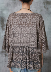 Organic Brown Embroidered Lace Blouses Flare Sleeve