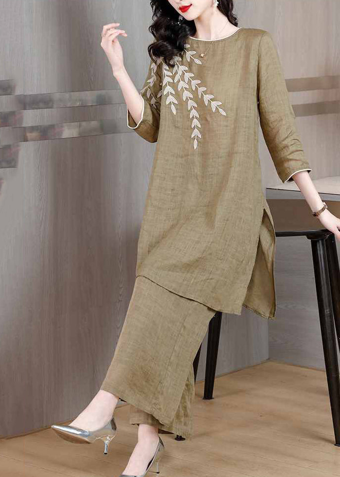 Organic Coffee Embroidered Side Open Linen Two Pieces Set Summer