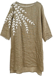 Organic Coffee Embroidered Side Open Linen Two Pieces Set Summer