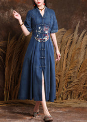 Organic Denim Blue V Neck Embroidered Patchwork Long Dresses Short Sleeve