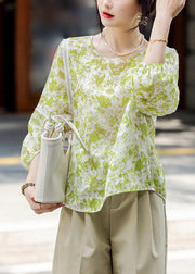 Organic Fluorescent Green O-Neck Patchwork Chiffon Shirts Fall