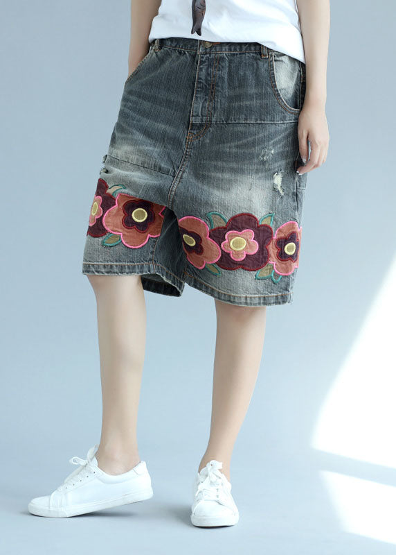 Organic Gray Pockets Patchwork Embroidered Shorts Summer