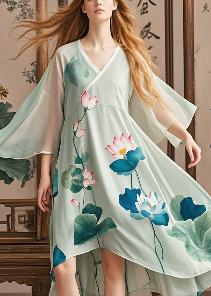 Organic Green Asymmetrical Lotus Print Chiffon Dress Summer