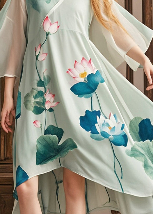 Organic Green Asymmetrical Lotus Print Chiffon Dress Summer