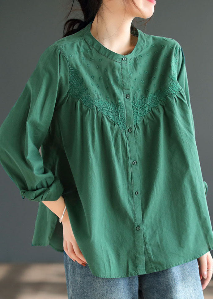 Organic Green O Neck Embroideried Cotton Shirts Spring