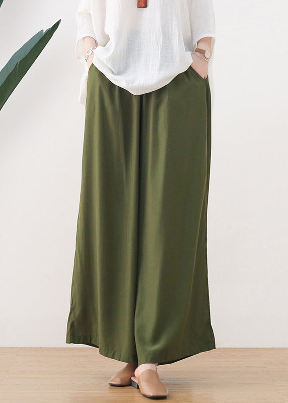 Organic Green Oversized Pockets Cotton Wide Leg Pants Fall