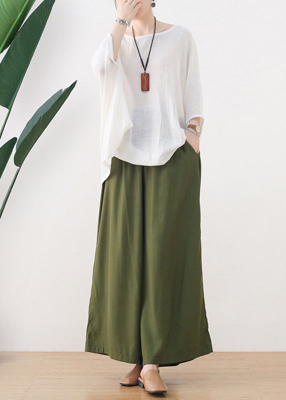 Organic Green Oversized Pockets Cotton Wide Leg Pants Fall