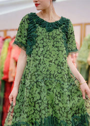 Organic Green Wrinkled Decorated Print Patchwork Tulle Dress Summer