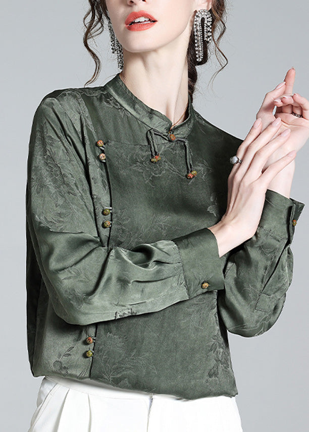 Organic Grey Green Stand Collar Jacquard Silk Shirt Long Sleeve