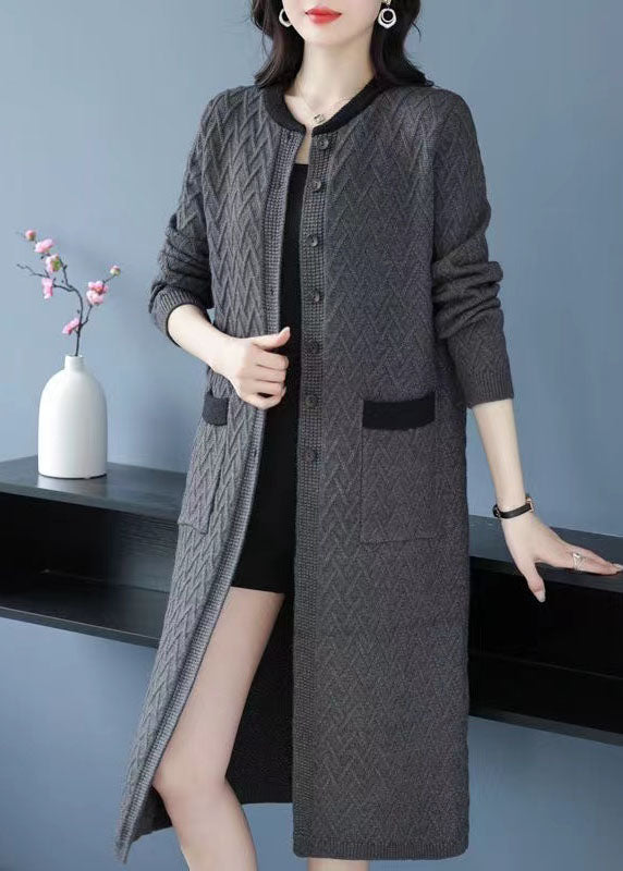 Organic Grey O Neck Pockets Button Patchwork Wool Coat Fall