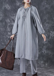 Organic Grey Ruffled Striped Cotton Dress Two Piece Suit Set Fall