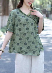 Organic Khaki Print Button Patchwork Linen Shirts Short Sleeve