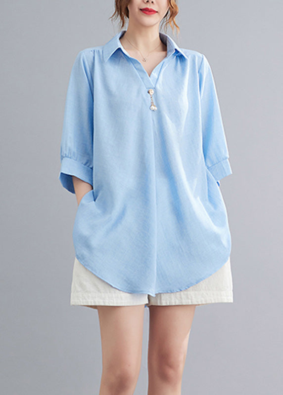 Organic Light Blue Peter Pan Collar Linen Tops Summer