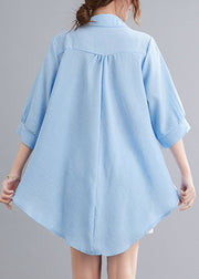 Organic Light Blue Peter Pan Collar Linen Tops Summer