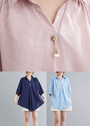 Organic Light Blue Peter Pan Collar Linen Tops Summer