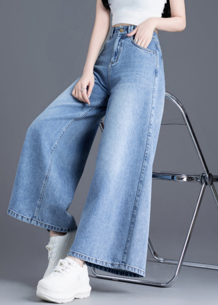 Organic Light Blue Pockets Denim Wide Leg Pants Summer