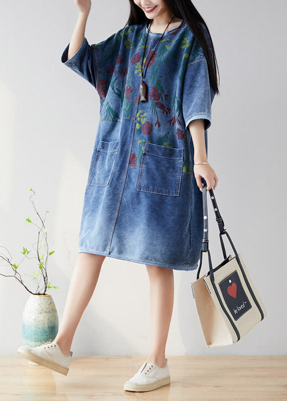 Organic Navy O Neck Patchwork Denim Dresses Half Sleeve