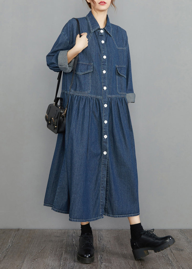 Organic Navy Oversized Patchwork Wrinkled Denim Vacation Dresses Spring