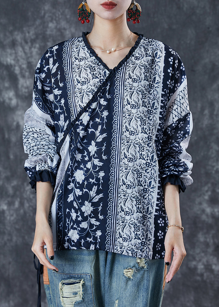 Organic Navy Ruffled Print Drawstring Shirts Summer