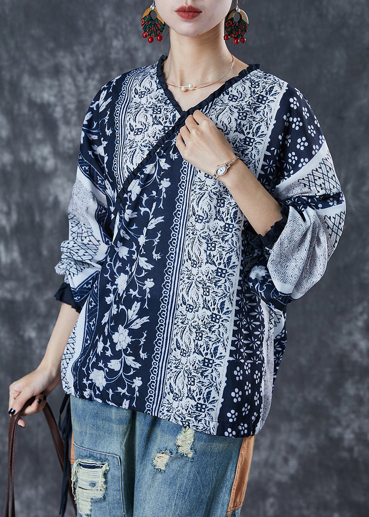 Organic Navy Ruffled Print Drawstring Shirts Summer