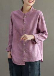 Organic Navy Stand Collar Asymmetrical Patchwork Button Linen Shirts Long Sleeve