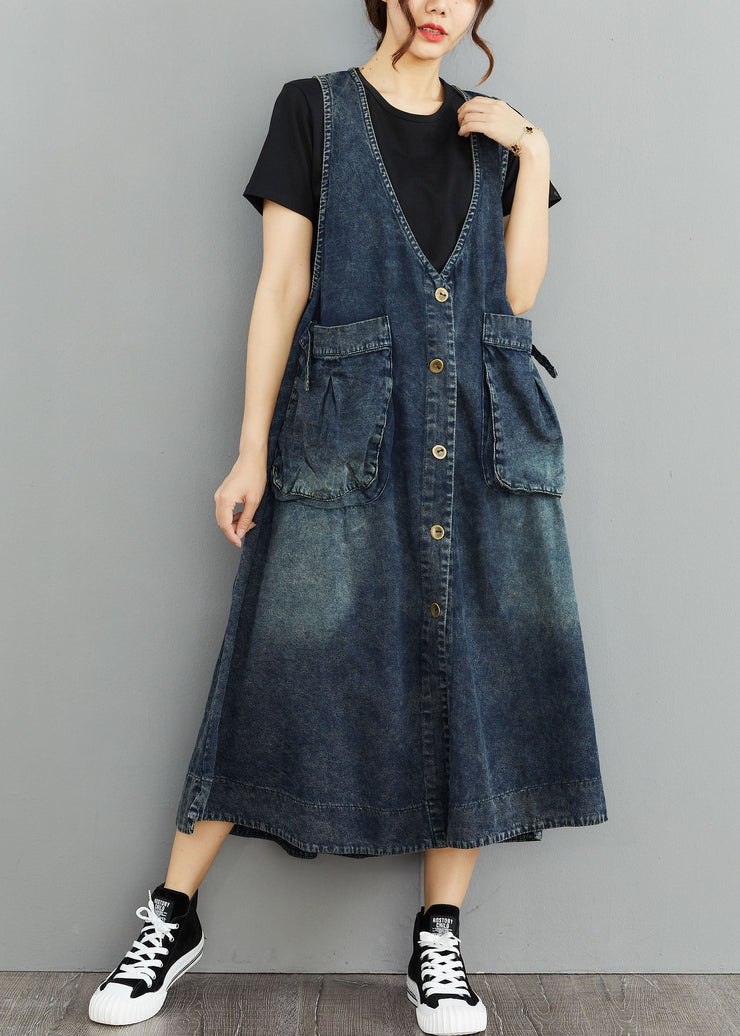 Organic Navy V Neck Pockets Patchwork Denim Sundress Sleeveless