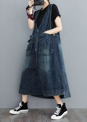 Organic Navy V Neck Pockets Patchwork Denim Sundress Sleeveless