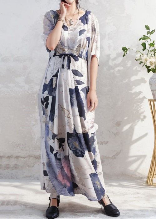 Organic O Neck Print Wrinkled Silk Long Dress Summer