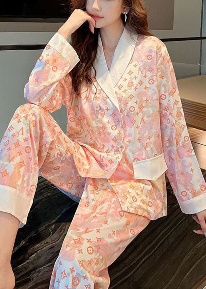 Organic Orange Original Design Print Patchwork Ice Silk Pajamas Two-Piece Set Spring