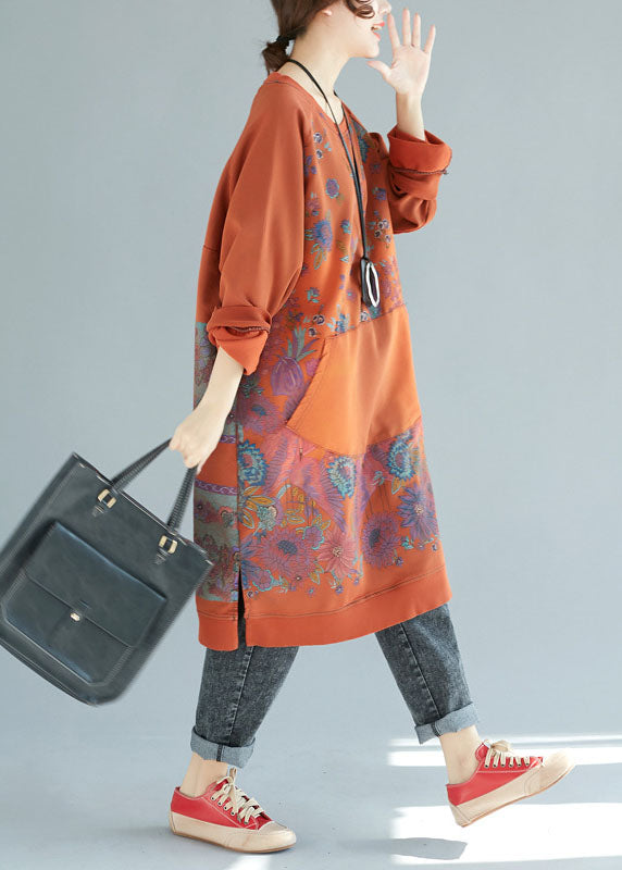 Organic Orange Pockets Patchwork Print Cotton Dresses Spring