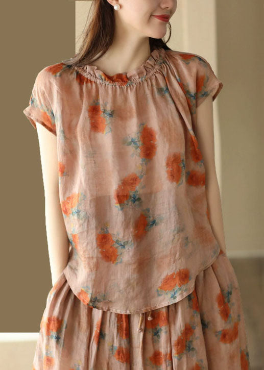 Organic Orange Ruffled Print Patchwork Linen T Shirt Top Summer