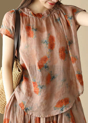 Organic Orange Ruffled Print Patchwork Linen T Shirt Top Summer