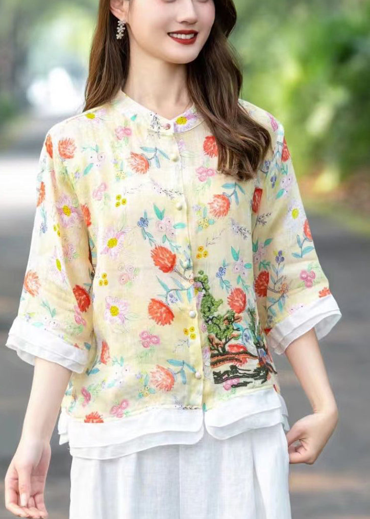 Organic Pink Embroideried Patchwork Print Linen Shirts Half Sleeve